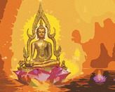 Malování podle čísel - BUDDHA V LOTOSU A ORANŽOVÉ POZADÍ - 80x100 cm, vypnuté plátno na rám