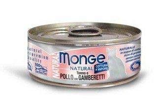 MONGE NATURAL tuňák s kousky kuřete a krevetami pro kočky 80 g
