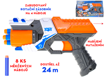 Pistole 21,5cm s rotačním zásobníkem pěnových nábojů 8ks 8+ v krabičce