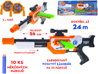 Pistole 56cm se zásobníkem pěnových nábojů 12ks + 2 terče 8+ v krabičce