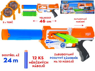 Pistole 46cm se zásobníkem pěnových nábojů 12ks + 2terče 8+ v krabičce