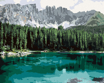Malování podle čísel - JEZERO S HORAMI A LESEM - 40x50 cm, vypnuté plátno na rám