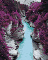 Malování podle čísel - FIALOVÉ BOROVICE A MODRÝ POTOK - 80x100 cm, bez rámu a bez vypnutí plátna