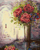 Malování podle čísel - RŮŽE VE VÁZE A ŽENA V DÁLI - 80x100 cm, bez rámu a bez vypnutí plátna