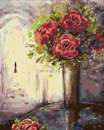 Malování podle čísel - RŮŽE VE VÁZE A ŽENA V DÁLI - 80x100 cm, bez rámu a bez vypnutí plátna
