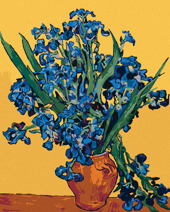 Malování podle čísel - KOSATCE NA ŽLUTÉM PODKLADU DLE VAN GOGHA - 40x50 cm, vypnuté plátno na rám
