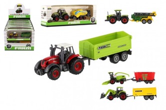 Traktor s přívěsem kov/plast 16cm na volný chod mix druhů v krabičce 21x8x5,5cm 12ks v boxu