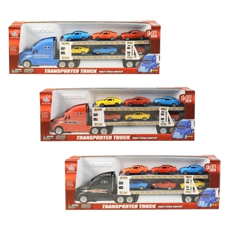 Nákladní auto na setrvačník s auty na korbě, volná kola, 8x38x6cm