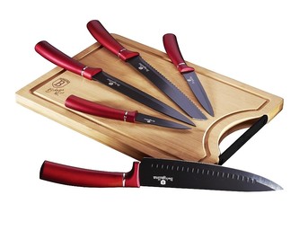 Sada nožů s nepřilnavým povrchem + prkénko 6 ks Burgundy Line