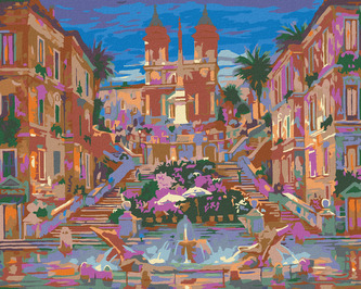 Malování podle čísel - FONTÁNA A KVĚTINY POD PALÁCEM - 80x100 cm, bez rámu a bez vypnutí plátna