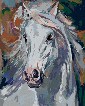 Malování podle čísel - BÍLÝ KŮŇ S ROZEVLÁTOU HŘÍVOU - 80x100 cm, bez rámu a bez vypnutí plátna