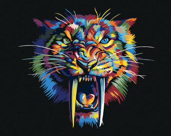 Malování podle čísel - BAREVNÝ ŠAVLOZUBÝ TYGR - 80x100 cm, vypnuté plátno na rám