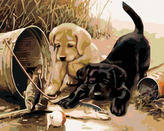 Malování podle čísel - ŠTĚŇATA S RYBOU - 80x100 cm, vypnuté plátno na rám