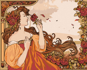 Malování podle čísel - REPRODUKCE ŽENA A RŮŽE (ALFONS MUCHA) - 40x50 cm, bez rámu a bez vypnutí plátna