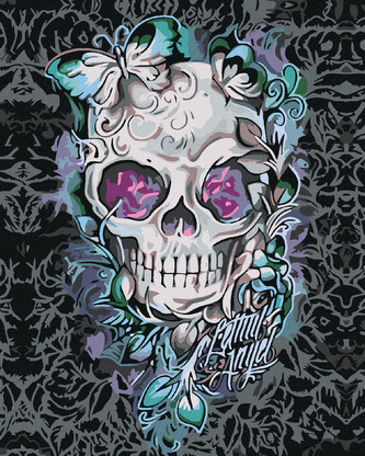 Malování podle čísel - LEBKA S MOTÝLI A KVĚTY - 80x100 cm, vypnuté plátno na rám