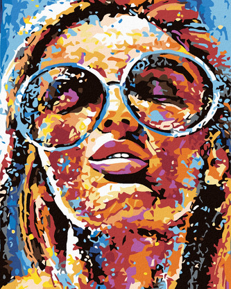 Malování podle čísel - ŽENA V BARVÁCH A KULATÉ BRÝLE - 80x100 cm, vypnuté plátno na rám