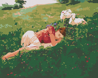 Malování podle čísel - SPÍCÍ ŽENA V TRÁVĚ A KŮZLATA - 40x50 cm, bez rámu a bez vypnutí plátna