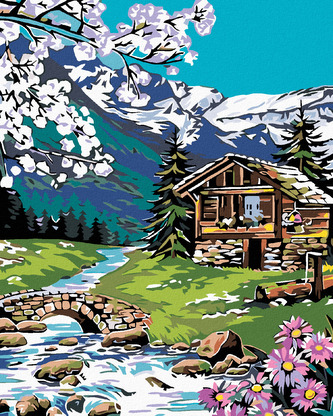 Malování podle čísel - SRUB V HORÁCH - 80x100 cm, vypnuté plátno na rám