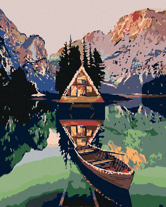 Malování podle čísel - PRAMICE U CHATKY NA JEZEŘE V HORÁCH - 80x100 cm, bez rámu a bez vypnutí plátna