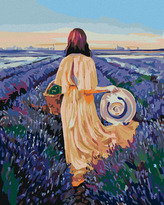 Malování podle čísel - ŽENA S KOŠÍKEM A LEVANDULOVÉ POLE - 80x100 cm, vypnuté plátno na rám