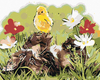 Malování podle čísel - KOTĚ A KUŘÁTKO - 80x100 cm, vypnuté plátno na rám
