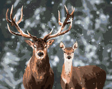 Malování podle čísel - UŠLECHTILÝ JELEN A LAŇ V ZASNĚŽENÉM LESE - 80x100 cm, vypnuté plátno na rám