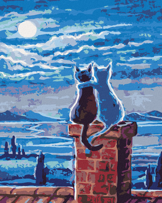Malování podle čísel - KOČKY NA STŘEŠE A MĚSÍC - 40x50 cm, vypnuté plátno na rám