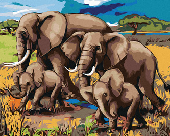 Malování podle čísel - RODINKA SLONŮ - 80x100 cm, bez rámu a bez vypnutí plátna Malování podle čísel - RODINKA SLONŮ - 80x100 cm, bez rámu a bez vypnutí plátna