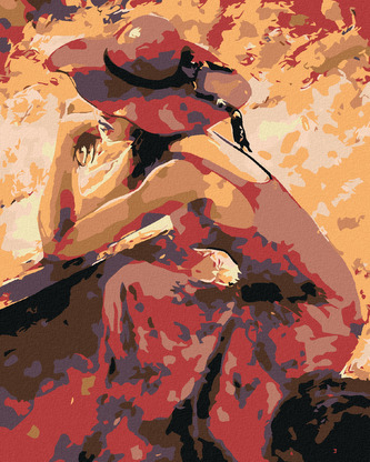 Malování podle čísel - KRÁSNÁ ZASNĚNÁ ŽENA V ČERVENÉM - 80x100 cm, vypnuté plátno na rám