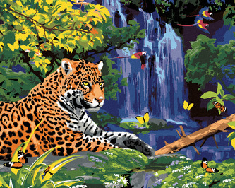 Malování podle čísel - JAGUÁR U VODOPÁDU A PAPOUŠCI (HOWARD ROBINSON) - 80x100 cm, bez rámu a bez vypnutí plátna