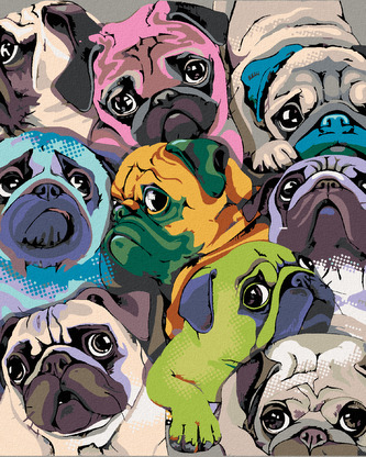 Malování podle čísel - BAREVNÍ MOPSI - 80x100 cm, vypnuté plátno na rám