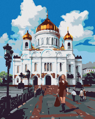 Malování podle čísel - ŽENA PŘED CHRÁMEM - 80x100 cm, bez rámu a bez vypnutí plátna