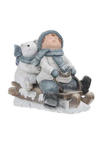 Holčička na sáňkách s ledním medvědem, vánoční dekorace, magnéziová keramika