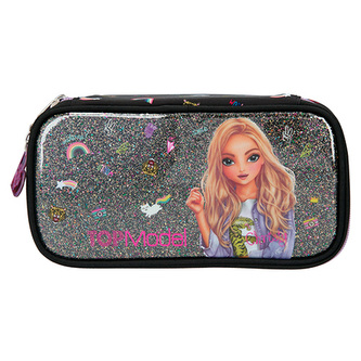 Jednopatrový penál Top Model, Christy, s pestrým paternem, flitry, černá