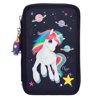 Penál s výbavou Ylvi and the Minimoomis, Tmavě modrý, Naya a planety, světelný efekt