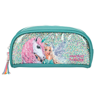 Jednoduchý penál Fantasy Model, Víla a jednorožec, s flitry, třpytivý, světle modrý