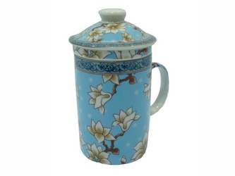 Porcelánový hrnek na bylinky bleděmodrý, květy