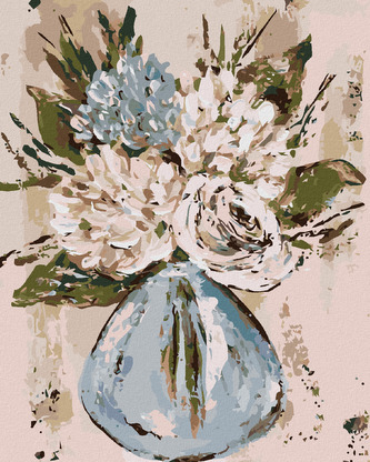 Malování podle čísel - ZÁTIŠÍ MODRÉ A BÍLÉ KVĚTINY VE VÁZE (HALEY BUSH) - 40x50 cm, bez rámu a bez vypnutí plátna