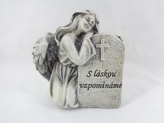 Smuteční dekorace - anděl s náhrobkem, 9,5x9x6 cm, text S láskou vzpomínáme