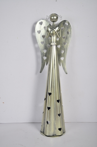 Plechový srdíčkový anděl na čajovou svíčku, 38 cm, champagne