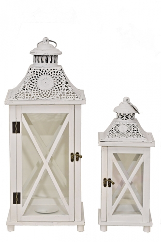 Dřevěná lucerna bílá, sada 2 ks