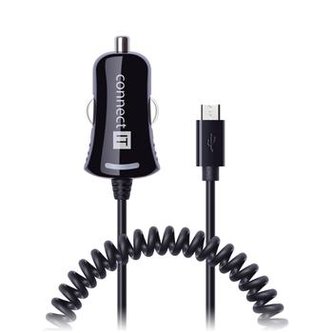 CONNECT IT InCarz nabíječka do auta Micro-USB 2,1A, 1m spirálový flexibilní kabel, černá