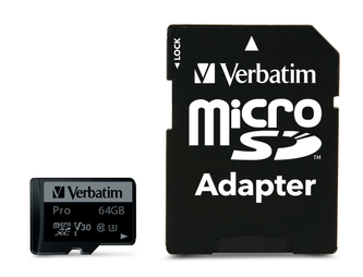 Paměťová karta "PRO", microSDXC, 64GB, CL10/U3, 90/45 MB/s, adaptér, VERBATIM