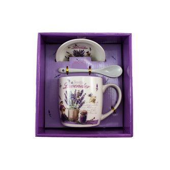 Sada hrnku se lžičkou a talířkem, levandule