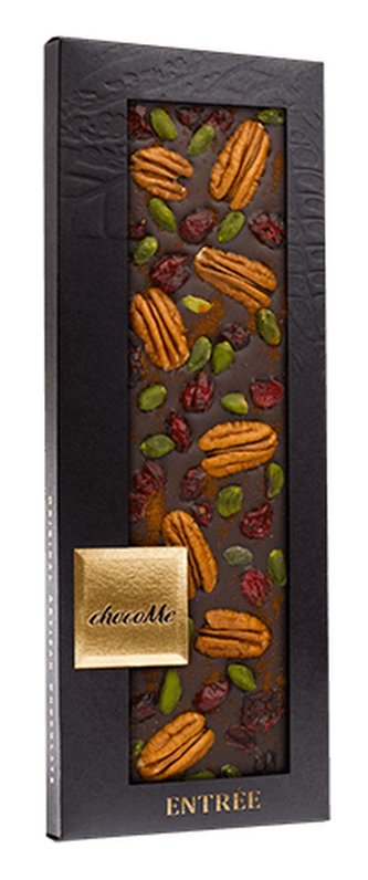 Hořká čokoláda se skořicí, brusinkami, pistáciemi a pekanovými ořechy