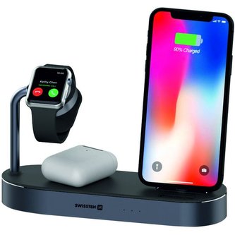 SWISSTEN 4v1 bezdrátová nabíječka Qi USB Lightning Mfi 45W černá