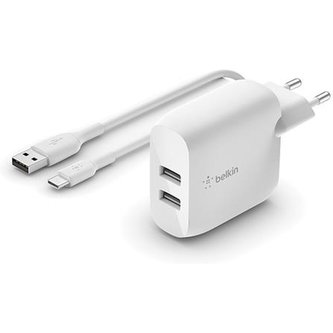 Belkin BOOST CHARGE duální USB-A síťová nabíječka, 2x12W, USB-C kabel, bílá