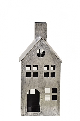 Kovový domeček na čajovou svíčku, stříbrný, 28x14x12,5 cm