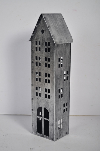 Kovový domeček na čajovou svíčku, stříbrný, 30x8,5x6 cm
