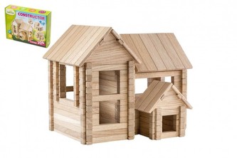 Stavebnice 4v1 dřevěný dům 206 dílků v krabici 34x25x8cm